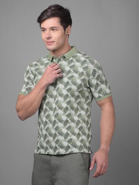 crimsoune club olive cotton slim fit floral print polo t-shirt