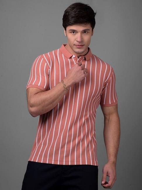 crimsoune club peach cotton slim fit striped polo t-shirt