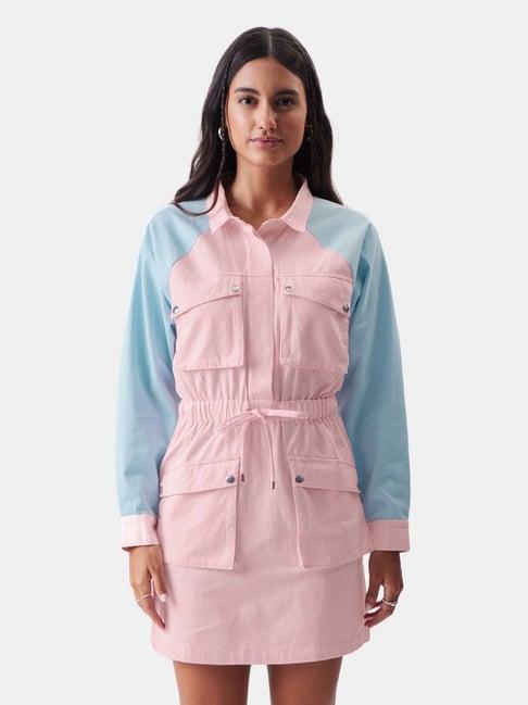 the souled store pink cotton color-block shirt dress