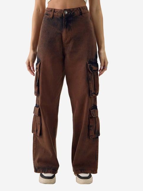 the souled store brown cotton mid rise cargo jeans