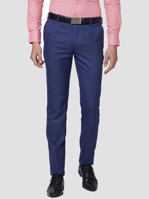 raymond blue slim fit check flat front trousers