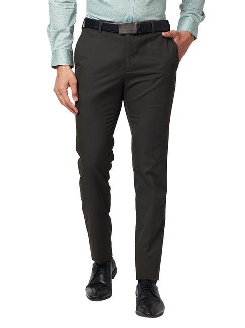 raymond dark brown slim fit self design flat front trousers