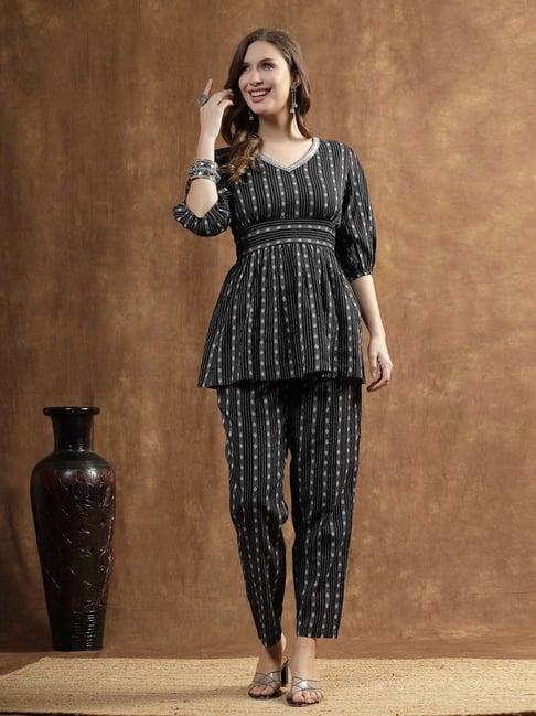 stylum black cotton embroidered kurti pant set