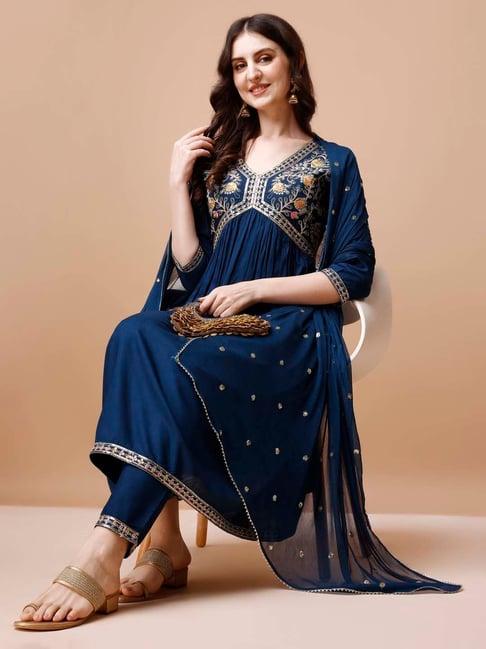 berrylicious navy embroidered kurta with pant & dupatta