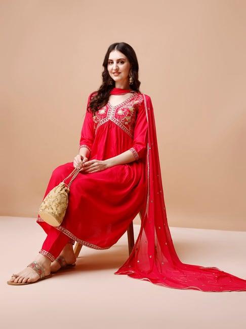 berrylicious red embroidered kurta with pant & dupatta