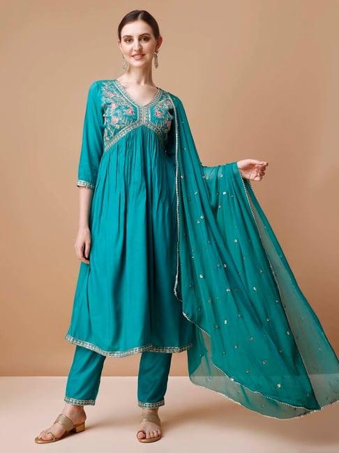 berrylicious teal embroidered kurta with pant & dupatta