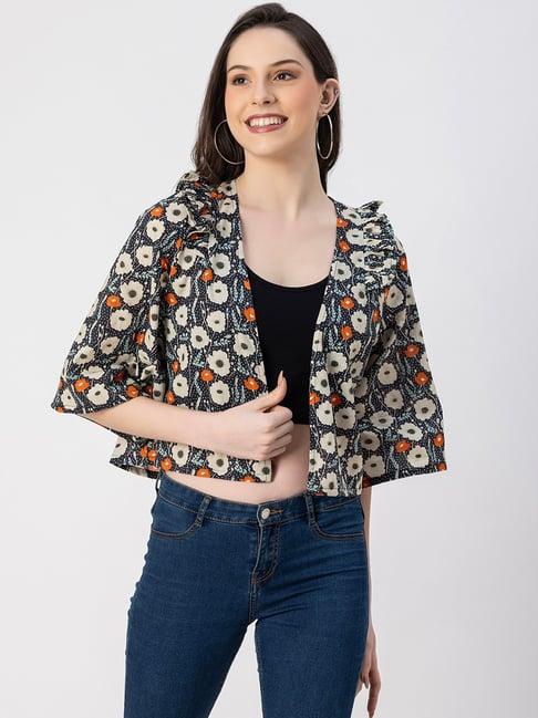 moomaya black & beige cotton floral print jacket