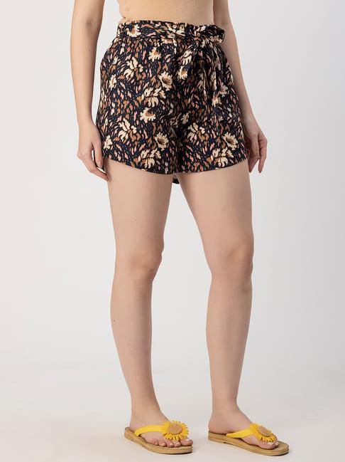 moomaya navy & brown floral print shorts