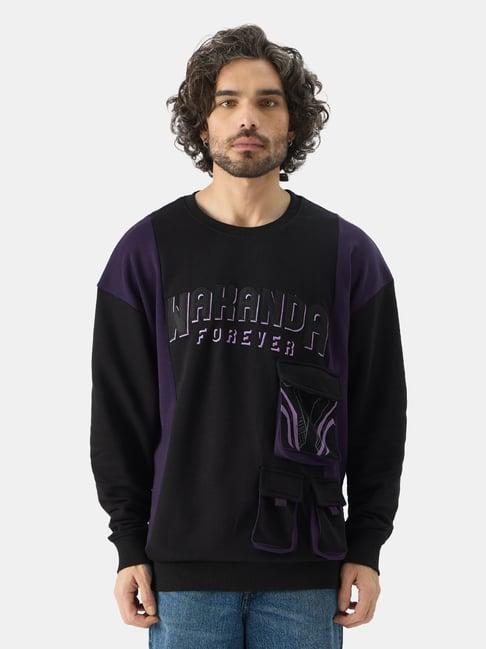 the souled store black panther: the king black & violet loose fit oversized sweatshirt