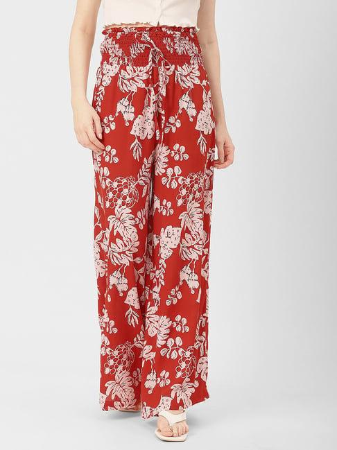 moomaya red printed regular fit low rise palazzos