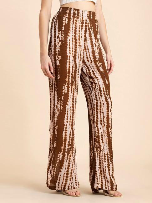 moomaya brown & white printed regular fit high rise palazzos