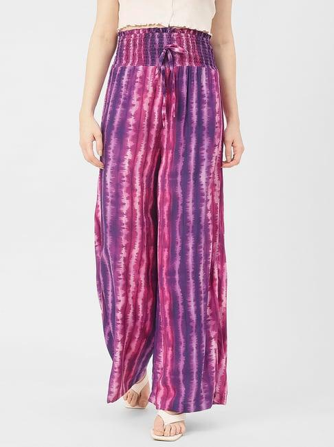 moomaya purple & pink printed regular fit low rise palazzos