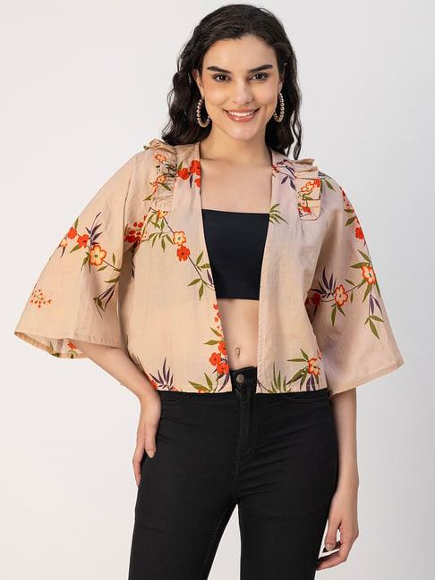 moomaya dark beige cotton floral print jacket