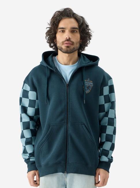 the souled store teal loose fit check oversized hooded sweatshirt