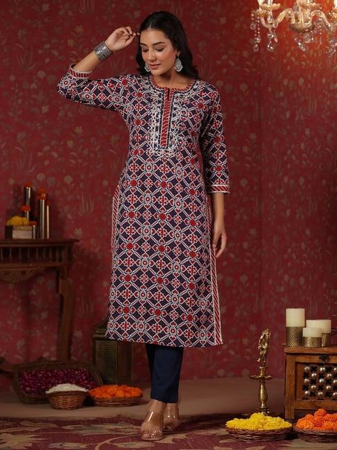 ishin dark blue cotton printed straight kurta