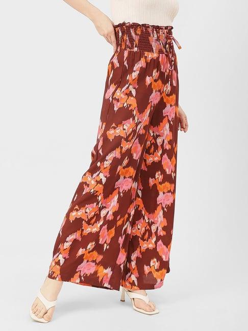 moomaya brown printed regular fit low rise palazzos