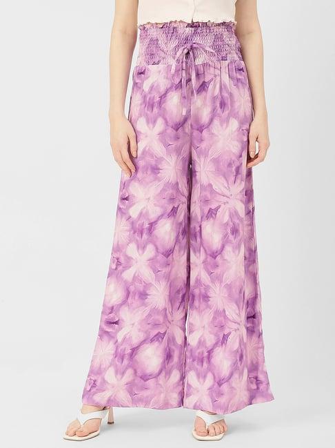 moomaya lavender floral print regular fit low rise palazzos