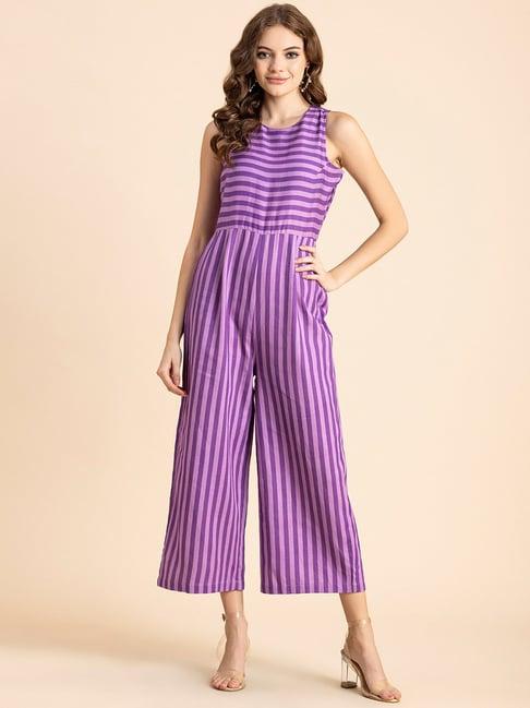 moomaya purple cotton blend striped jumpsuit