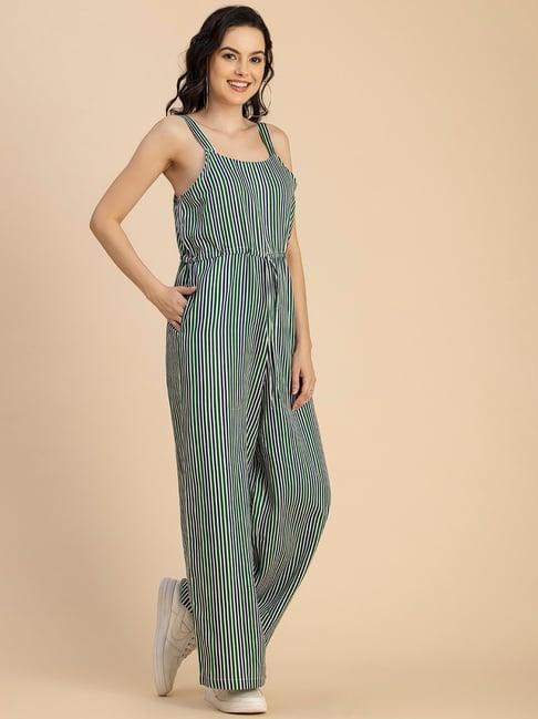 moomaya green cotton blend striped jumpsuit