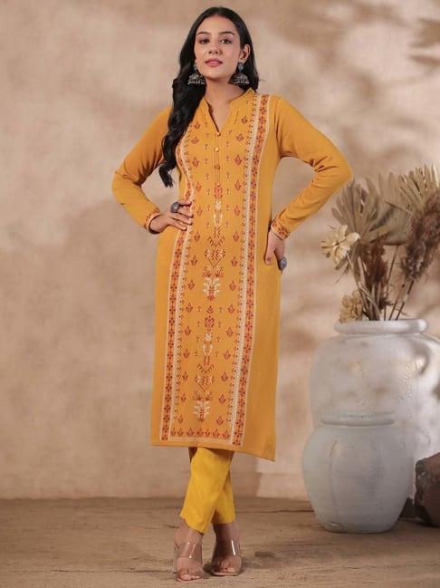 ishin mustard printed straight woolen kurta