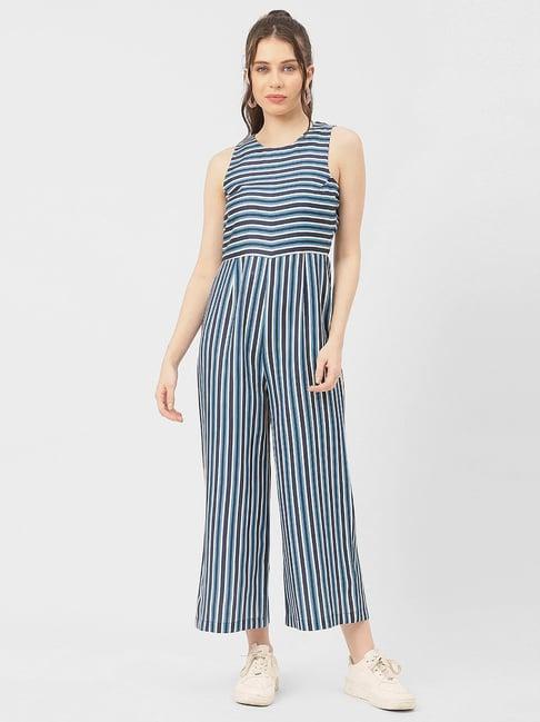 moomaya blue cotton blend striped jumpsuit