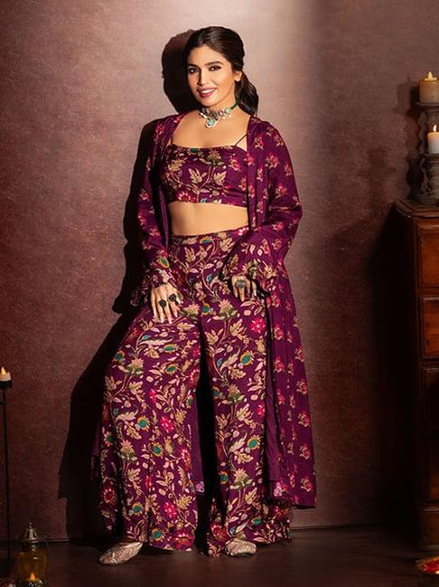 ishin purple printed top & bottom set with jacket