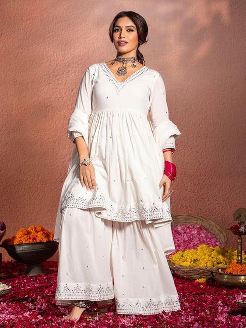 ishin white cotton embroidered kurta with sharara & dupatta