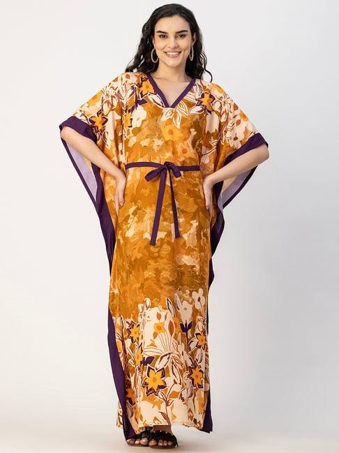 moomaya mustard floral print kaftan dress