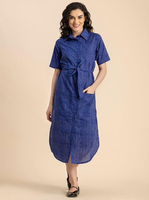 moomaya blue cotton striped shirt dress