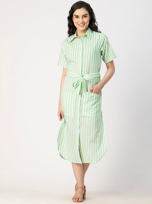 moomaya mint green & white cotton striped shirt dress