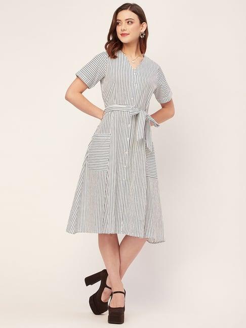 moomaya off white & black cotton striped shirt dress