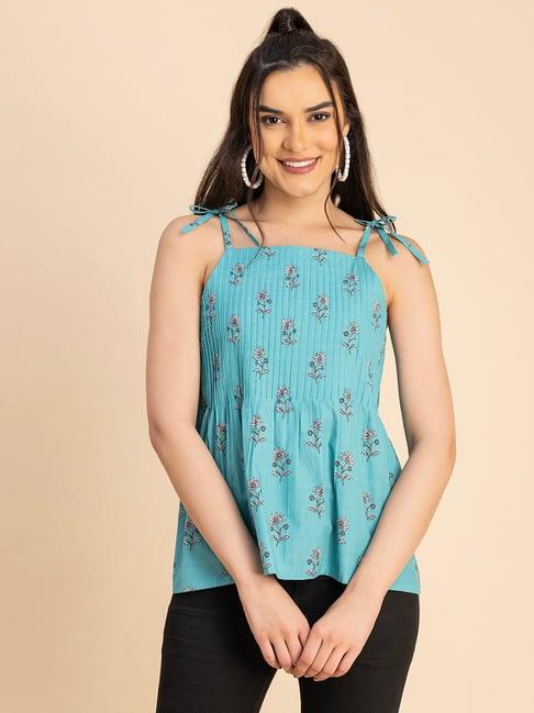 moomaya teal cotton floral print top