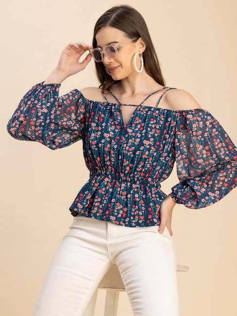 moomaya teal floral print peplum top