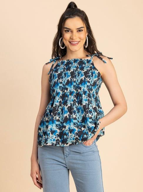 moomaya blue cotton floral print top