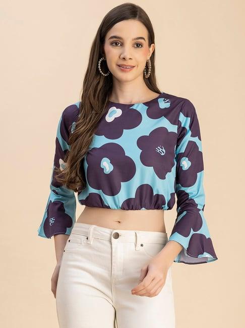 moomaya turquoise & purple floral print crop top