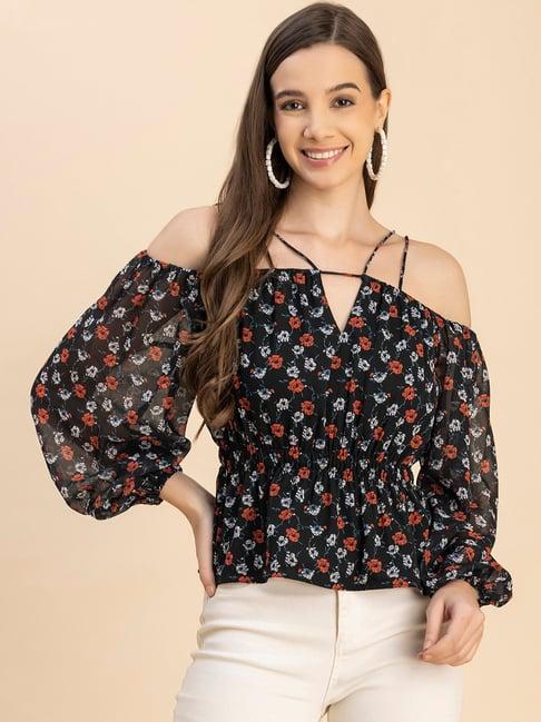 moomaya black floral print peplum top