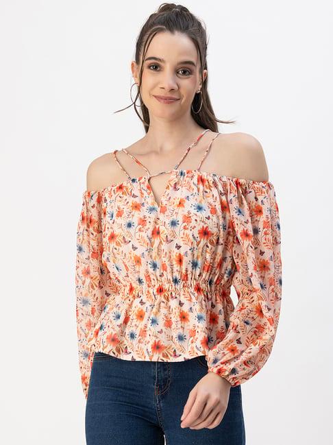 moomaya beige & orange floral print peplum top