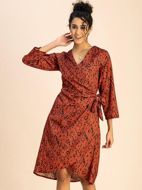 moomaya rust & black printed wrap dress