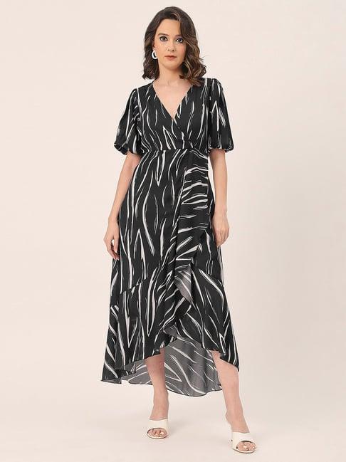 moomaya black & white printed wrap dress