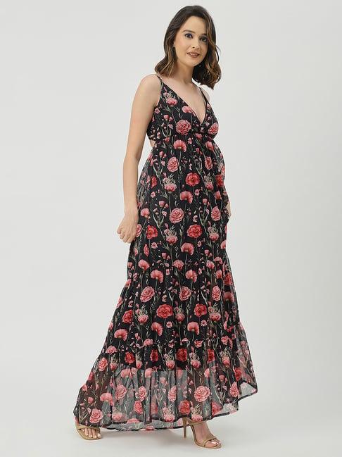 moomaya black & pink floral print maxi dress