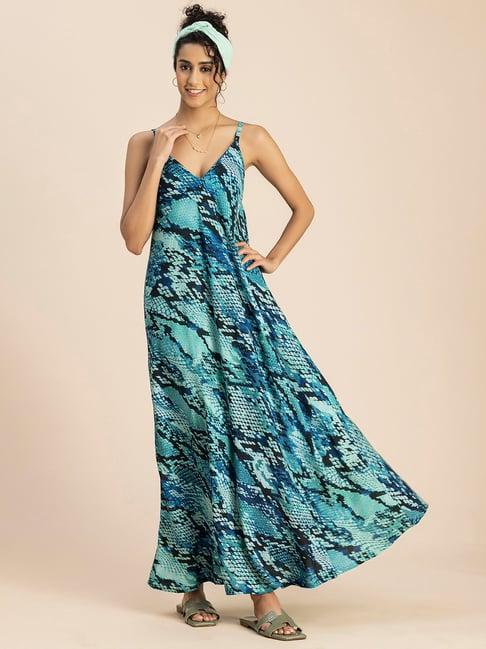 moomaya teal printed maxi dress