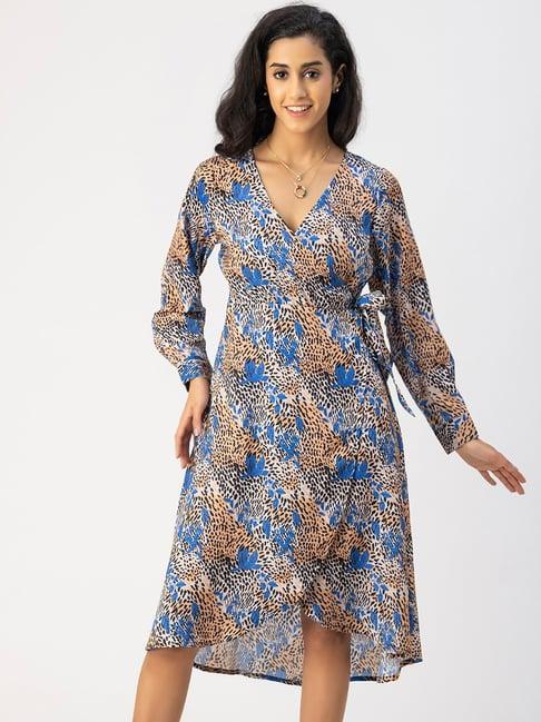 moomaya blue & brown animal print wrap dress