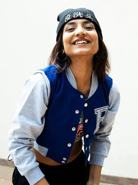 izf blue color-block crop varsity jacket