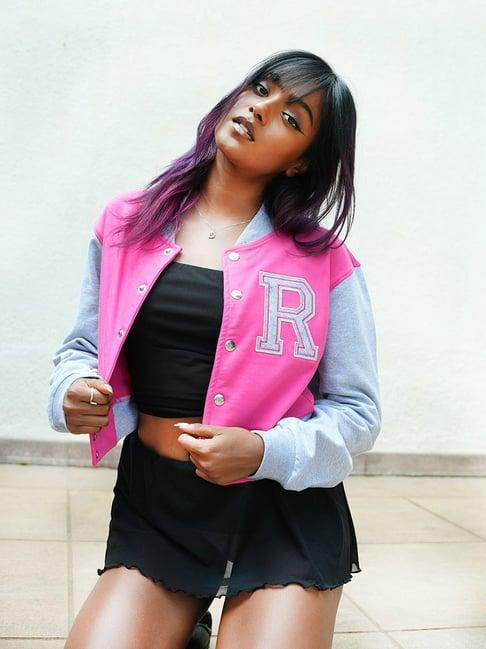 izf pink color-block crop varsity jacket