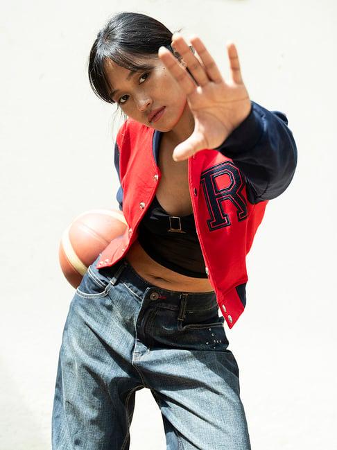 izf red color-block crop varsity jacket