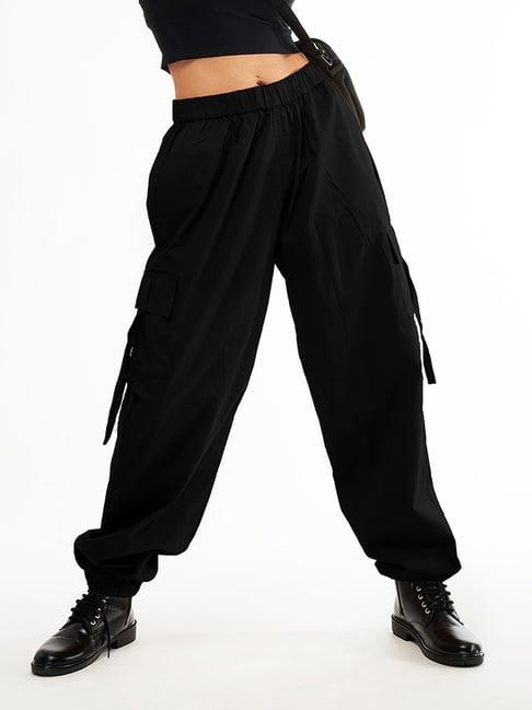 izf black relaxed fit high rise parachute pants