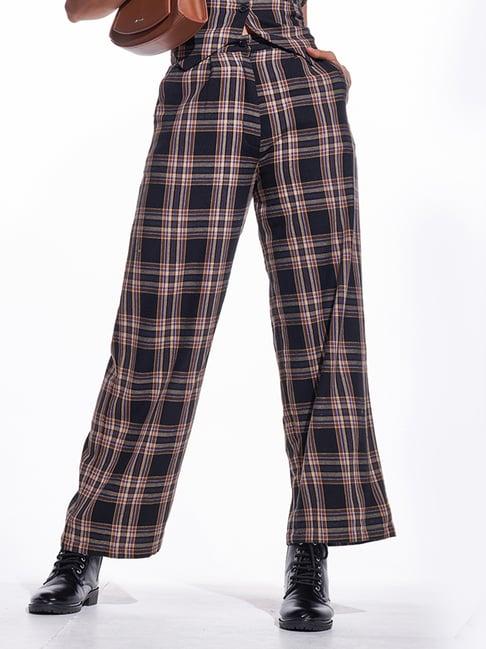 izf brown check relaxed fit high rise pants