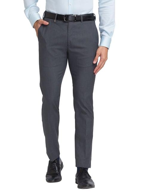 park avenue dark grey regular fit self design flat front trousers