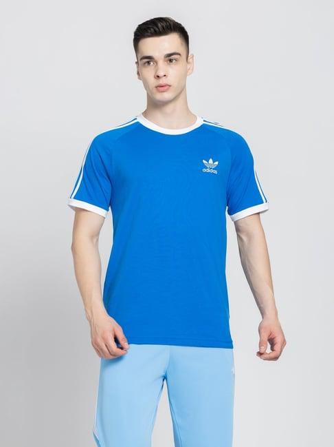 adidas originals blue regular fit 3 striped cotton t-shirt