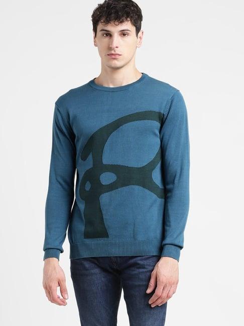 levi's teal cotton regular fit printed sweater